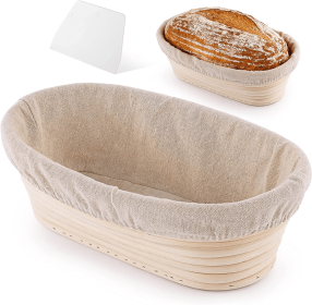 Oval Banneton Basket With Bench Scraper & Linen Cloth