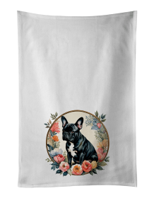 Black French Bulldog and Flowers Kitchen Towel Set of 2