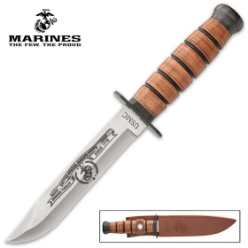 BudK USMC Tribute Knife + Sheath SS Blade Leather Handle