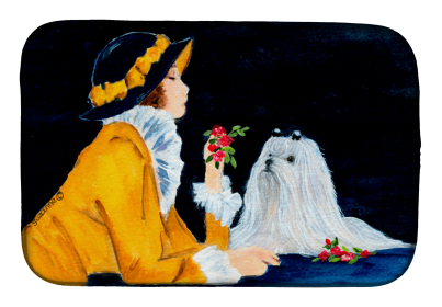 Lady with her Maltese Dish Drying Mat