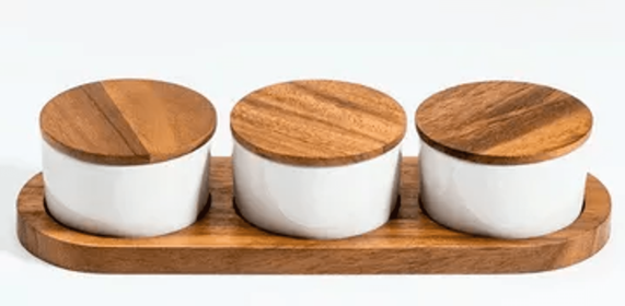 Ceramic Condiment Set on Acacia Wood Base