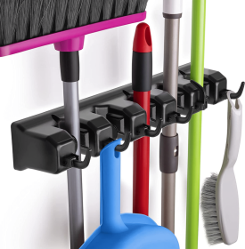 Wall Mount Mop and Broom Organizer (Color: LTBLK)