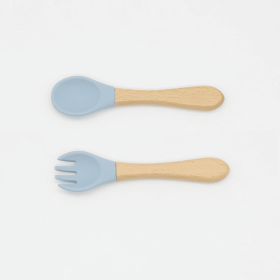 Baby Food Grade Wooden Handles Silicone Spoon Fork Cutlery (Color: Light Blue, size: Average Size (0-8Y))