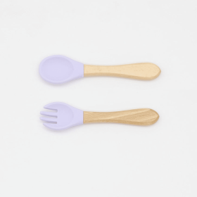 Baby Food Grade Wooden Handles Silicone Spoon Fork Cutlery (Color: Purple, size: Average Size (0-8Y))