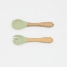 Baby Food Grade Wooden Handles Silicone Spoon Fork Cutlery (Color: Light Green, size: Average Size (0-8Y))