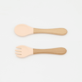 Baby Food Grade Wooden Handles Silicone Spoon Fork Cutlery (Color: Beige, size: Average Size (0-8Y))