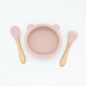 Baby Bear Shape Food Training Silicone Bowl With Spoon Tableware (Color: Light Pink, size: Average Size (0-8Y))
