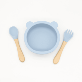 Baby Bear Shape Food Training Silicone Bowl With Spoon Tableware (Color: Blue, size: Average Size (0-8Y))