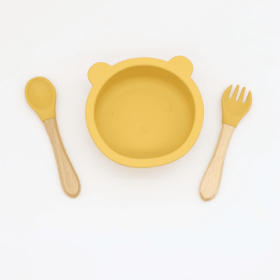 Baby Bear Shape Food Training Silicone Bowl With Spoon Tableware (Color: Yellow, size: Average Size (0-8Y))
