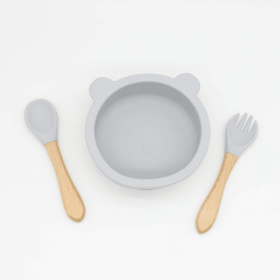 Baby Bear Shape Food Training Silicone Bowl With Spoon Tableware (Color: Grey, size: Average Size (0-8Y))