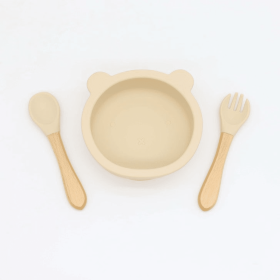 Baby Bear Shape Food Training Silicone Bowl With Spoon Tableware (Color: Beige, size: Average Size (0-8Y))