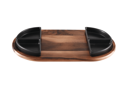 Charcuterie Serving Tray with Ceramic Bowls (Bowl Option: 4 Black Triangular Ceramic Bowls)