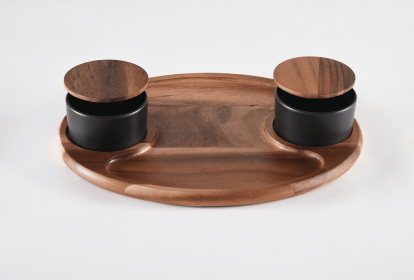 Charcuterie Serving Tray with Ceramic Bowls (Bowl Option: 2 Black Ceramic Bowls with Lids)