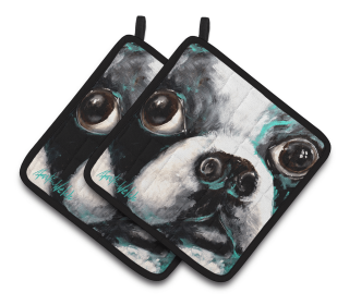 Dog Pair of Pot Holders (Color: Boston Terrier Jake Pretty Please, size: 7.5 x 7.5)