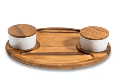 Charcuterie Serving Tray with Ceramic Bowls (Bowl Option: 2 White Ceramic Bowls With Lids)