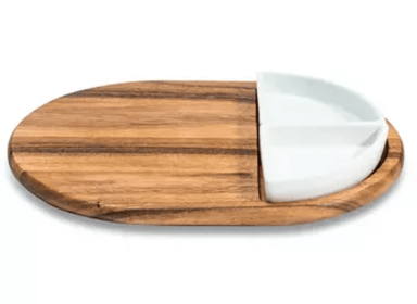 Charcuterie Serving Tray with Ceramic Bowls (Bowl Option: 2 White Triangular Ceramic Bowls)